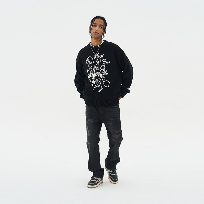 Hand Drawn Flowers Knit Sweater