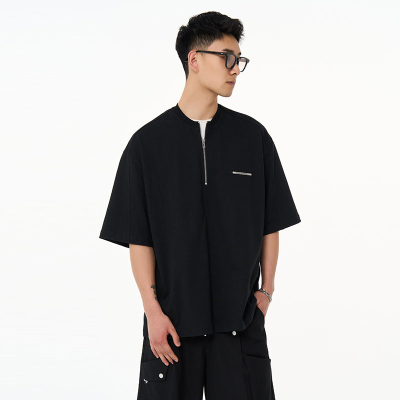 Irregular Round Neck Zipper Tee
