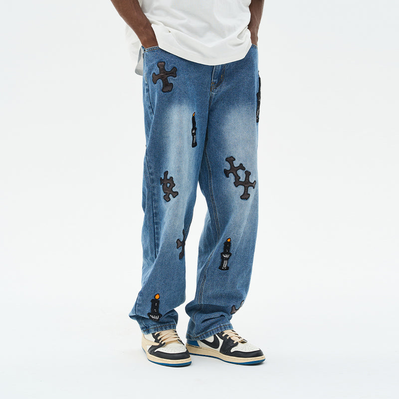 Religious Candles Embroidered Denim