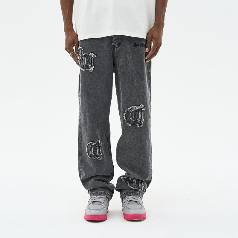 Distressed Embroidered Gothic Logo Denim