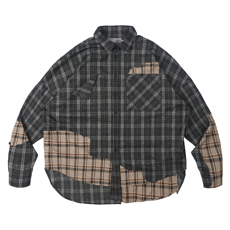 Destructive Plaid Stitched L/S Shirt