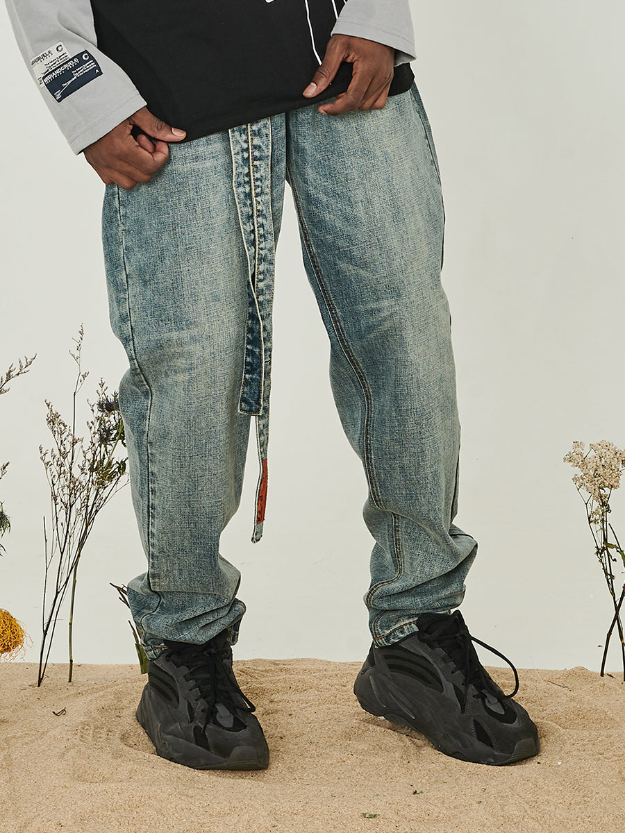 Washed Belt Straight Denim