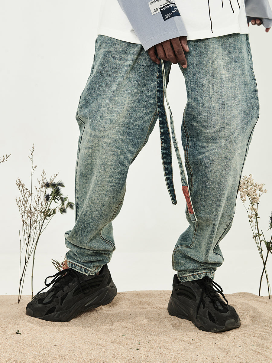 Washed Belt Straight Denim