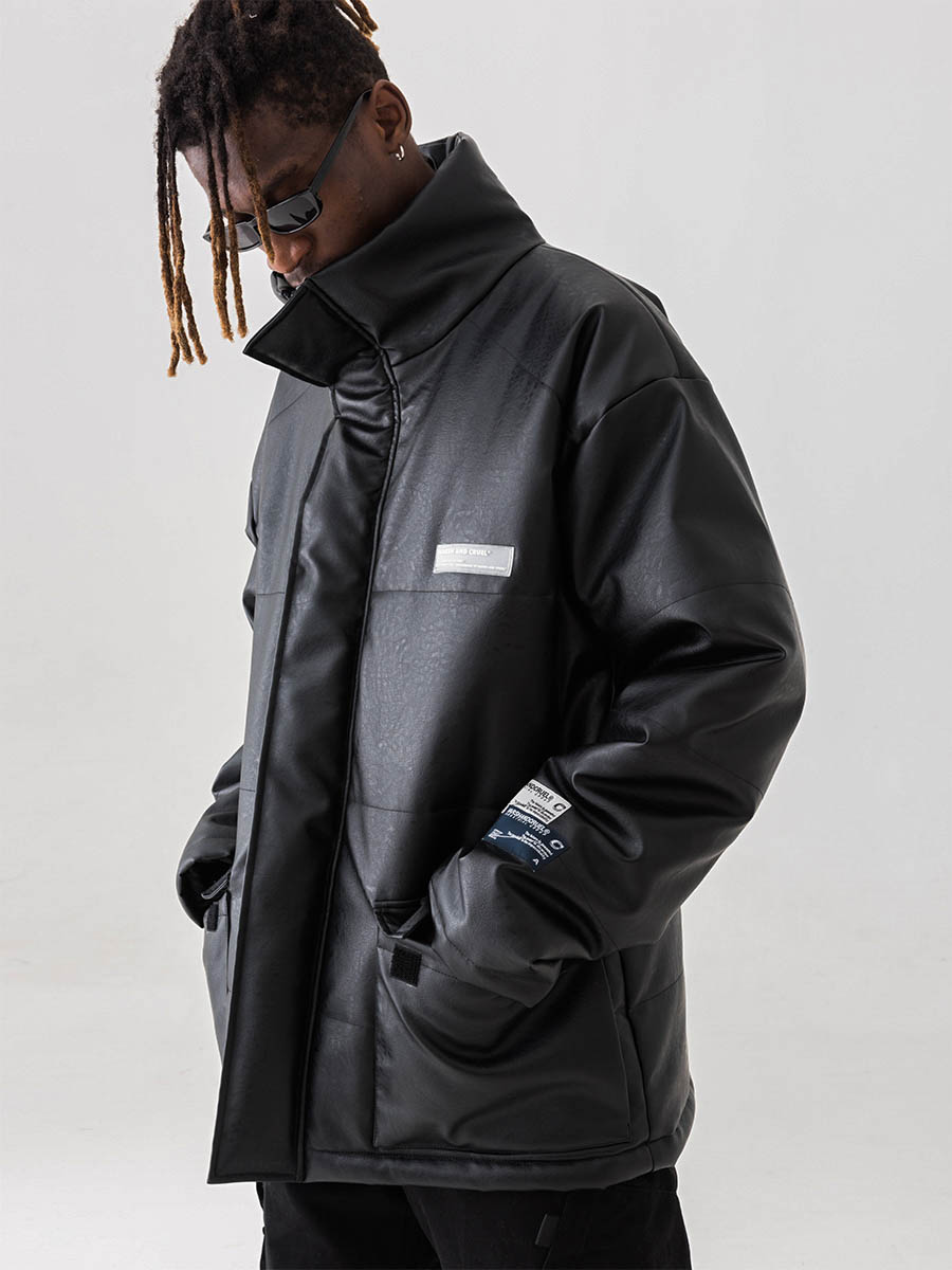 High Collar Leather Down Jacket