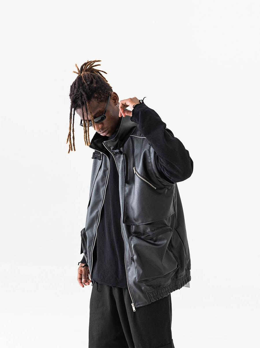 Reflective Detachable Sleeves Leather Jacket