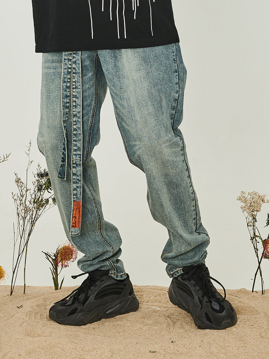 Washed Belt Straight Denim