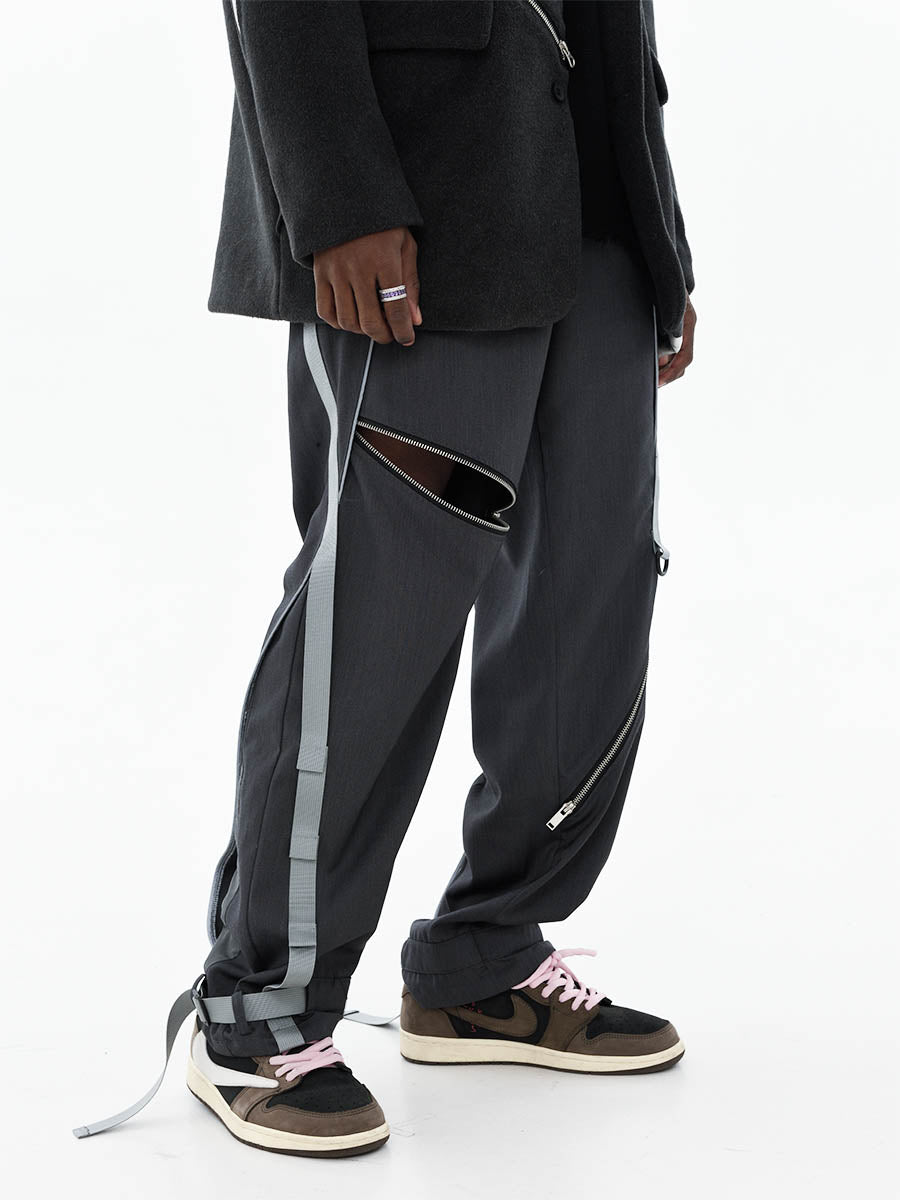 Reflective Strip Zipper Loose Trousers