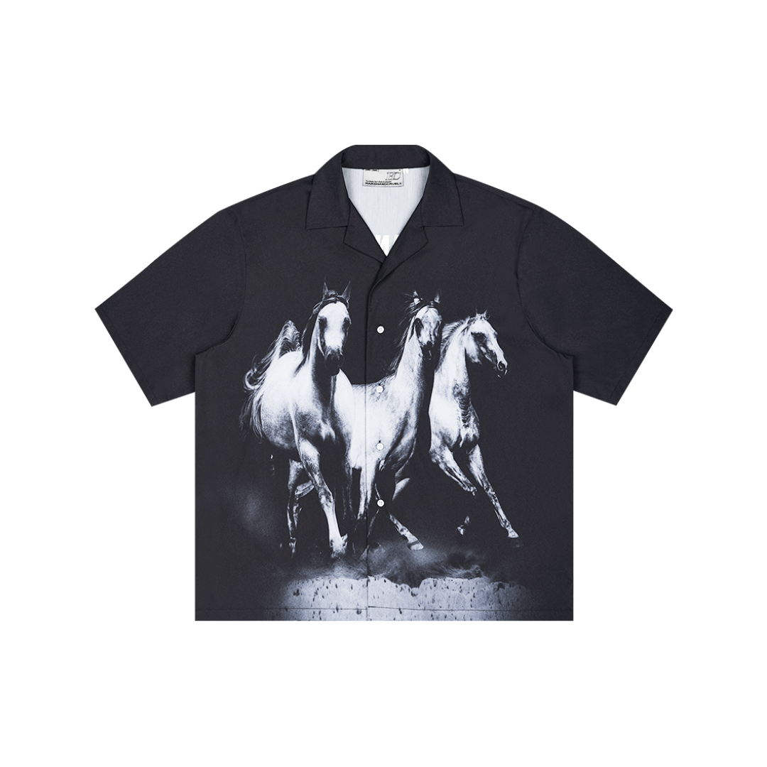 Negative Desert Horses Printed Cuban Shirt