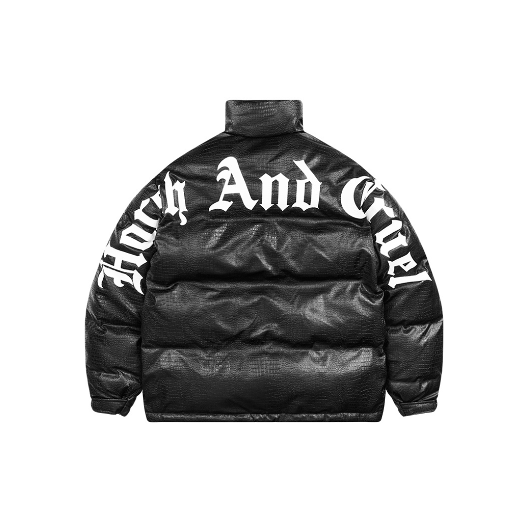 Faux Crocodile Leather Gothic Logo Down Jacket