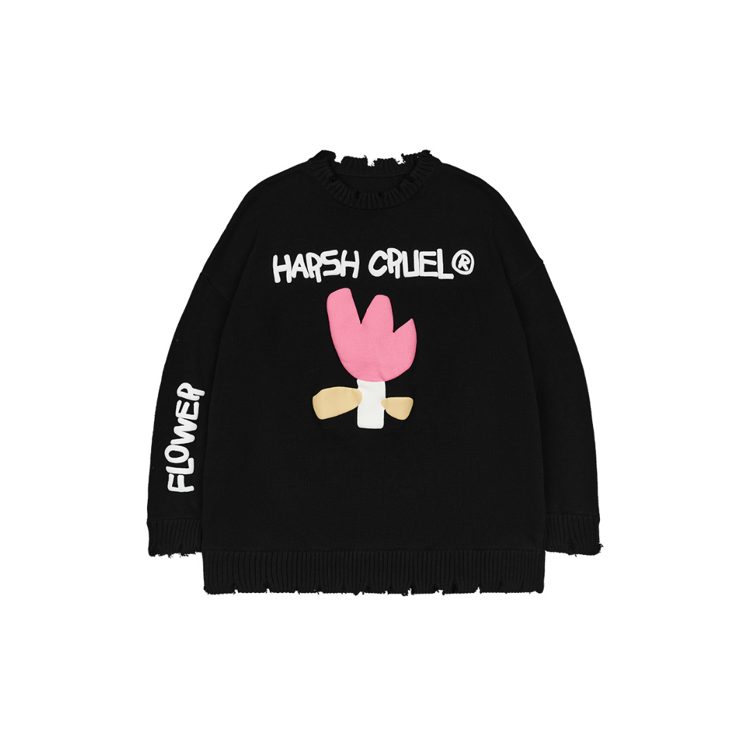 Foam Printed Tulip Distressed Sweater