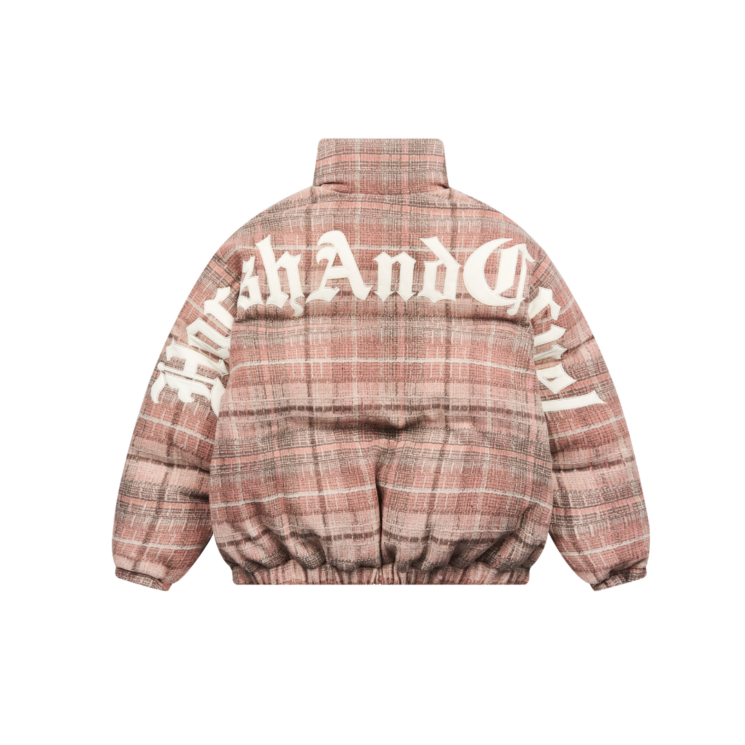 Leather Embroidered Gothic Logo Plaid Down Jacket