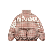 Load image into Gallery viewer, Leather Embroidered Gothic Logo Plaid Down Jacket
