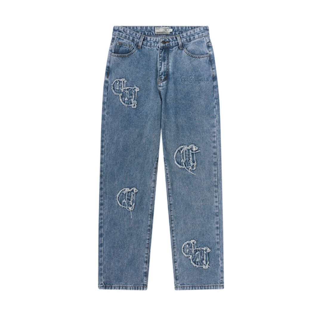 Distressed Embroidered Gothic Logo Denim