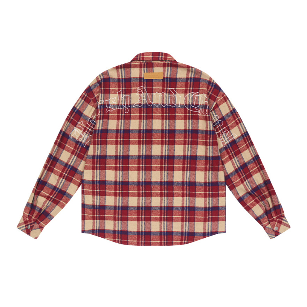 Embroidered Logo Checkered Zipper L/S Shirt