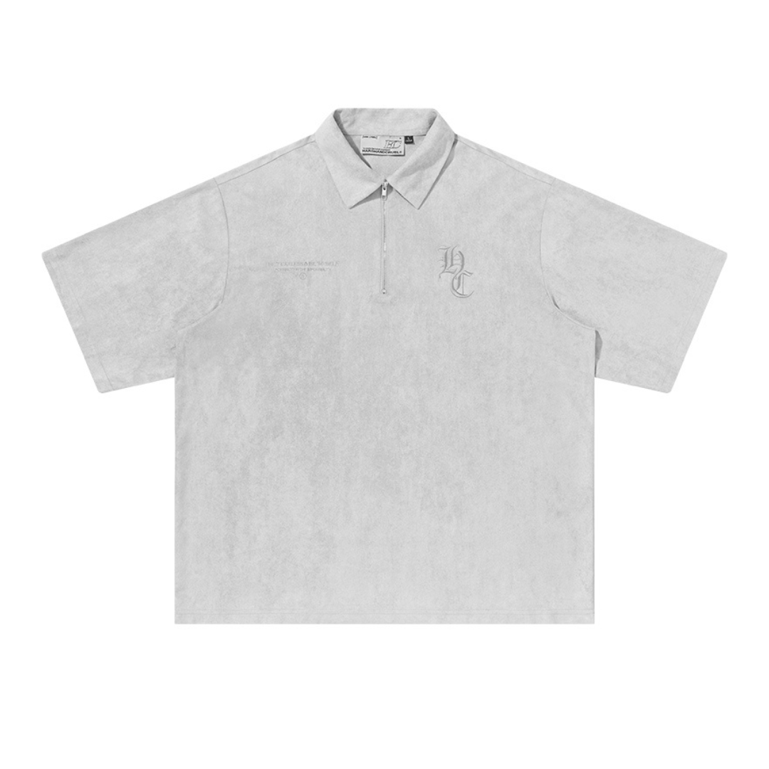 Embossed Gothic Logo Zipper Suede Polo Shirt