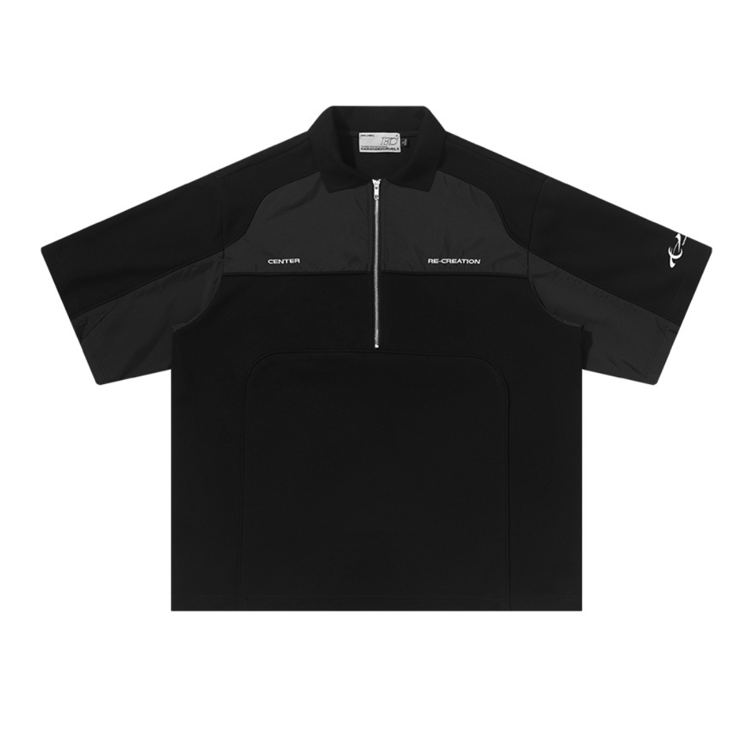 Splicing Embroidered Zipper Polo Shirt
