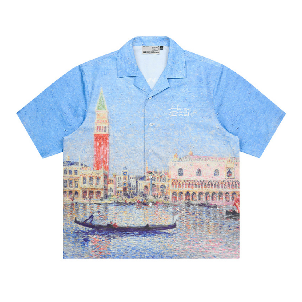 Venice Landscape Pointillism Painting Cuban Shirt