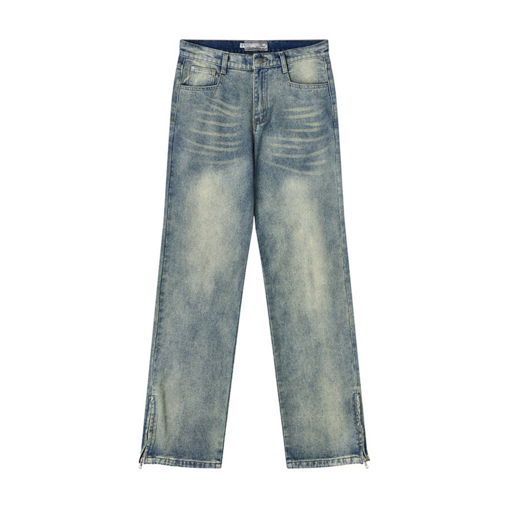 Washed Straight Zipper Flared Denim