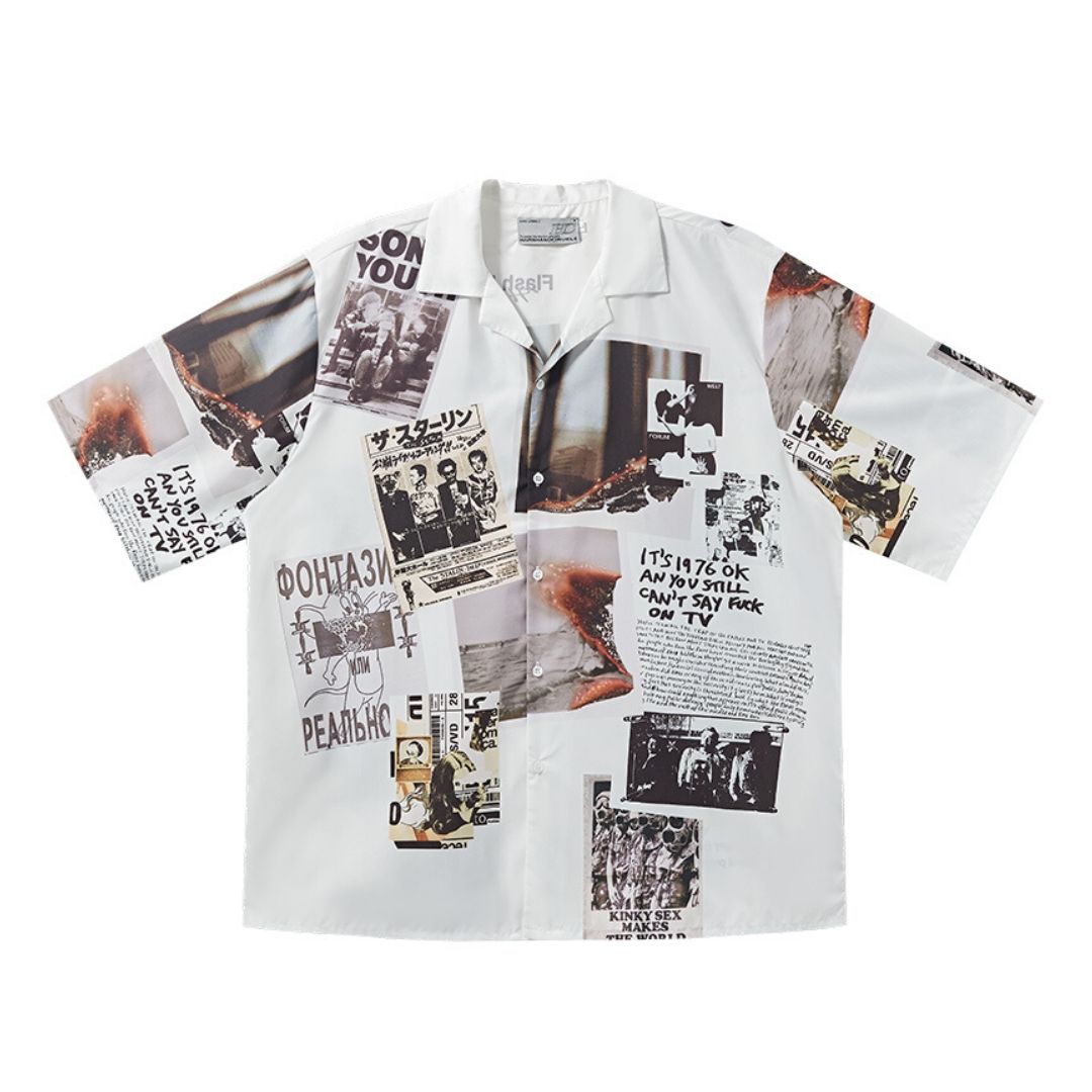 Newspaper Collage Cuban Shirt