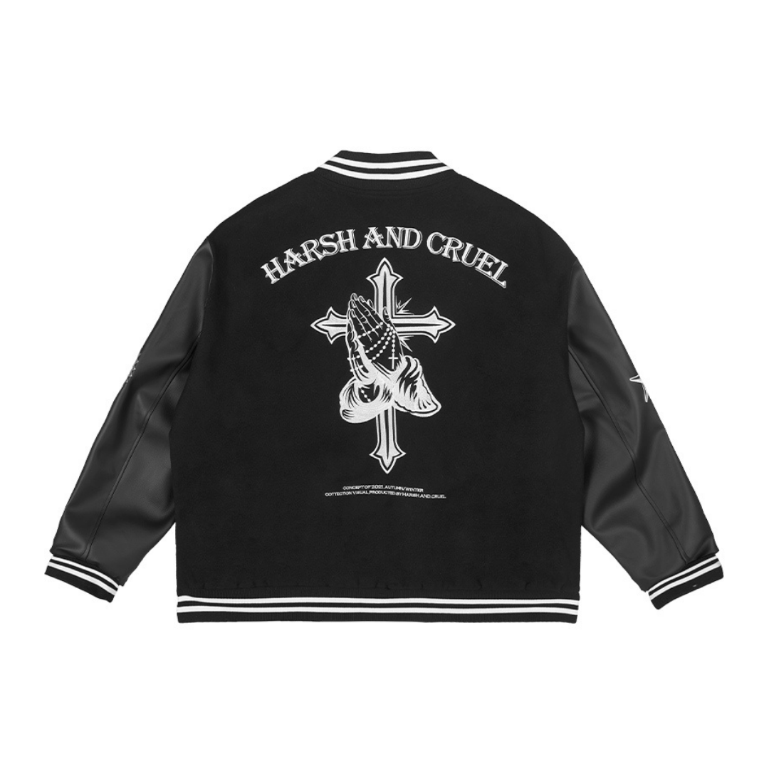 Religious Cross Embroidered Varsity Jacket