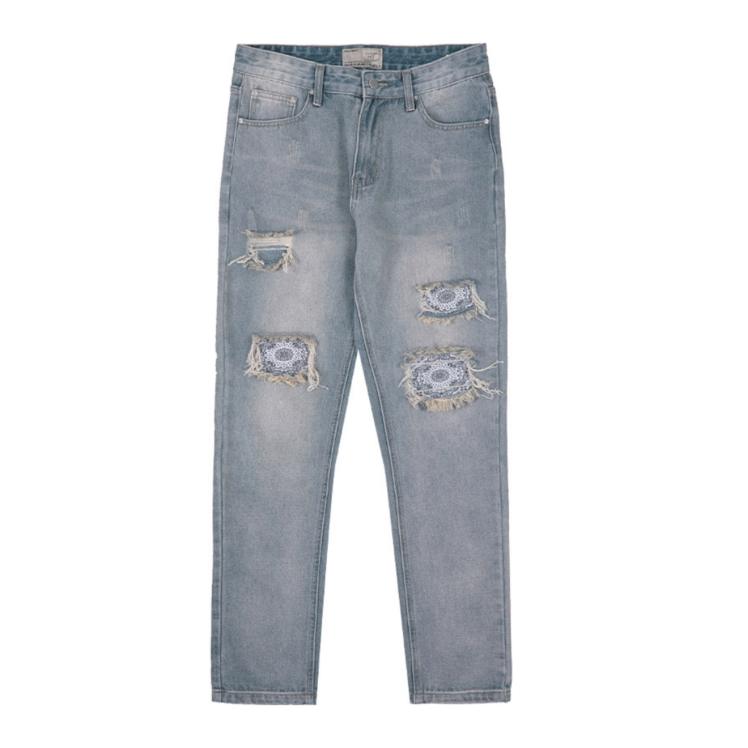 Distressed Flower Print Distressed Loose Denim